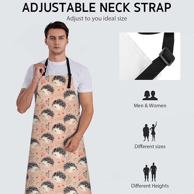 Cute Hedgehog Apron, Adjustable Kitchen Adorable Woodland Design & Floral Aprons with Pockets for Cooking BBQ Gardening, 28×33 IN, Holiday Gifts for Women Wife, for Chef Baking, Oxford Fabric