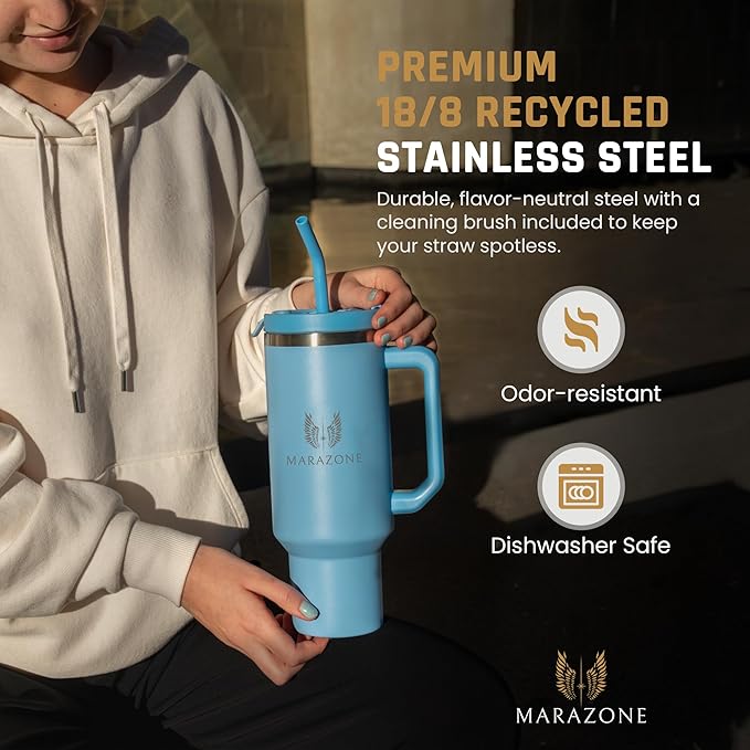 40 oz Insulated Tumbler with Handle and Straw – Stainless Steel Double Wall Vacuum Cup Fits Car Cup Holder, Hot Cold Travel Mug, BPA Free Reusable Water Bottle Gift for Women Men - Sky Blue