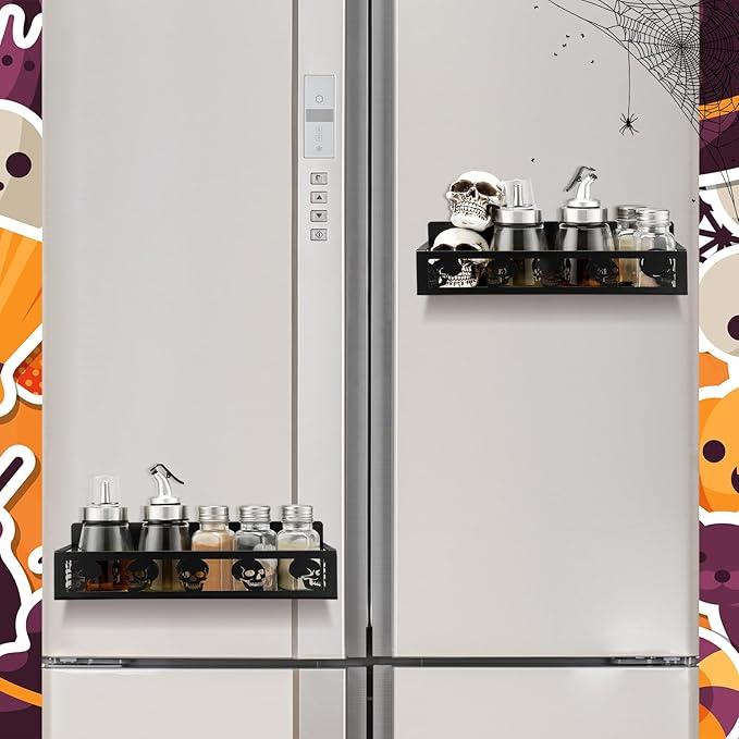 2 Pack Skull Head Magnetic Spice Rack for Refrigerator Metal Magnet Basket Shelf for Fridge Seasoning Storage Organizers Home Decor Kitchen Accessories (Black)