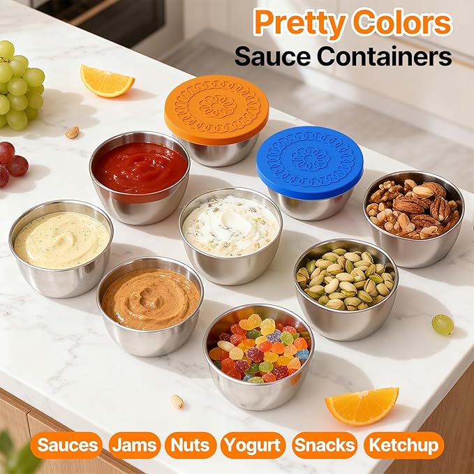 2.5 ozx 8 Pack Sauce Containers for Lunch Box,Salad Dressing Containers To Go,Small Stainless Steel Container with Silicone Lids,Picnics,Travel Meal Prep And Kitchen Storage
