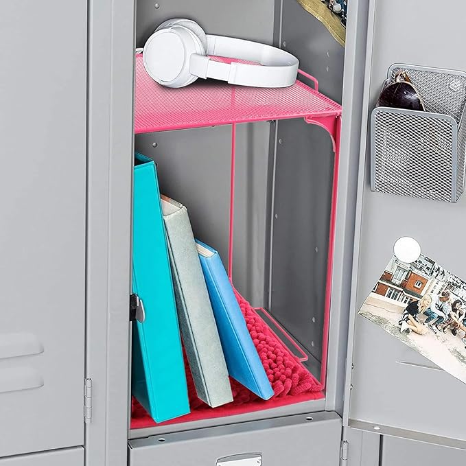 Locker Organizer Shelf Stackable Extra Locker Shelf for School Locker Organizer Storage Cabinet Accessories Suitable for School, Office, and Home use (2, Pink)
