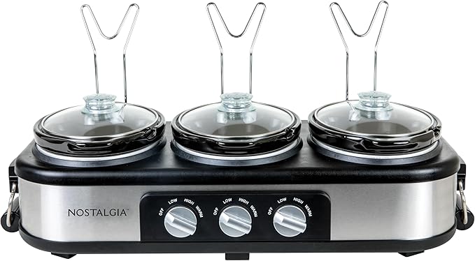 HomeCraft Nostalgia Stainless Steel 3-Station 1.5-Quart Oval Slow Cooker Buffet, With Lid & Spoon Rest, Adjustable Heat Control, Perfect for Parties, Holidays, Families