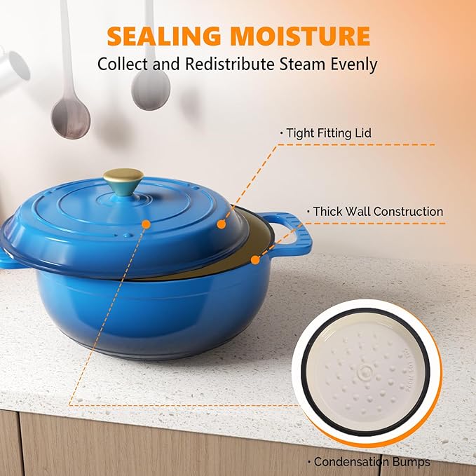 ROVSUN Enameled Cast Iron Round Dutch Oven, 6QT Pot with Lid &Dual Handles with Silicone Gloves,Oven Safe up to 500°F, Heavy-Duty Pre-Seasoned Cookware for Bread Baking, Braising, Stews, Roasting, Blue