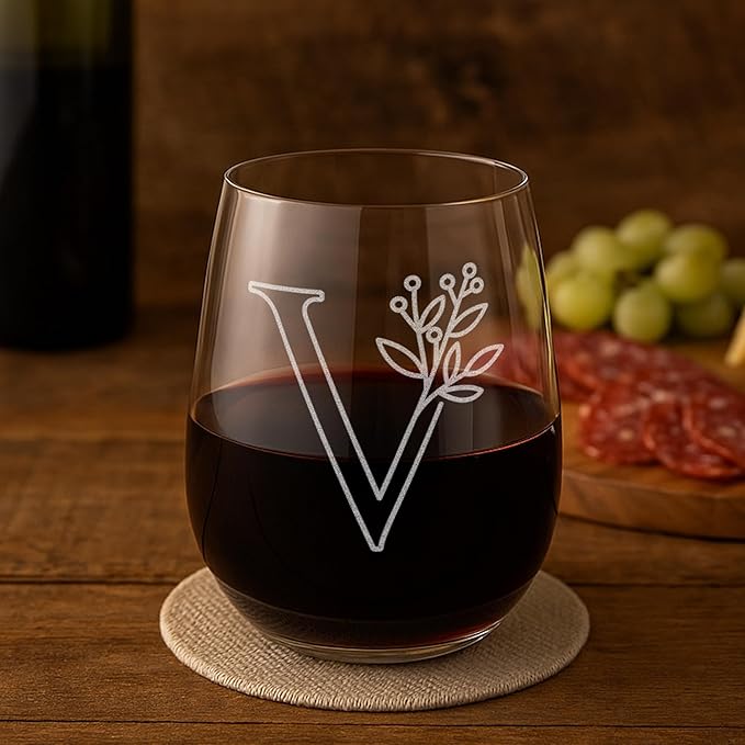 On The Rox Drinks Monogrammed Gifts For Women and Men - Letter A-Z Initial Engraved Monogram Stemless Wine Glass - 17 Oz Personalized Wine Gifts For Women and Men (V)