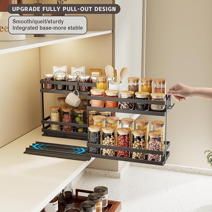 Pull Out Spice Rack Organizer for Cabinet, 4 Pack Metal Seasoning Organizer Slide Out Spice Storage Shelf No Assembly Vertical Spice Rack Pullout for Kitchen & Bahthroom No Drill(2 Tier,Black)