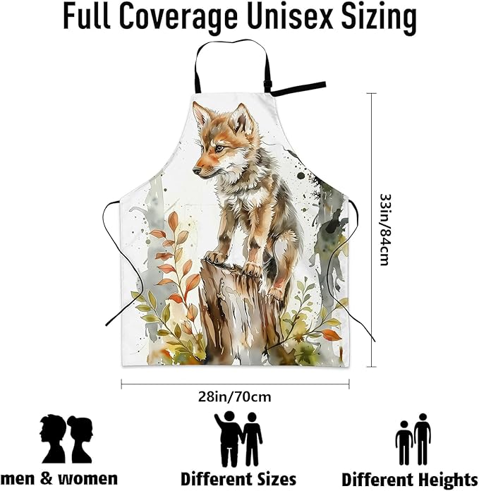 Cute Wolf Pup Apron, Kitchen Cooking Baking Adjustable Polyester Watercolor Forest Aprons for Women Men, with 2 Pockets, 28×33in, Ideal Gifts for Wife, for Chef Gardening Grilling Cleaning