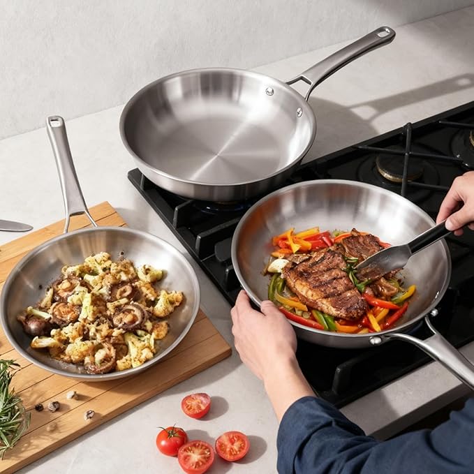 VINGLI 8'' 10'' 12'' Stainless Steel Frying Pan Set, Tri-Ply Skillets Set with Lids, Non-Toxic Chef's Pan, PFOA & PTFE Free, Compatible for All Cooktops, Dishwasher & Oven Safe (5-Pcs Skillets Set)