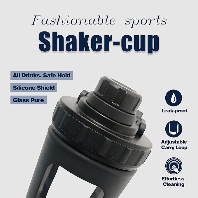 Glass Shaker Cup Odorless BPA Free– Glass Shaker Bottle for Protein 26oz Durable Borosilicate Glass, Leak-Proof & BPA-Free – Ideal for Creamy Protein Shakes, Smoothies & Workout Drinks (Black)
