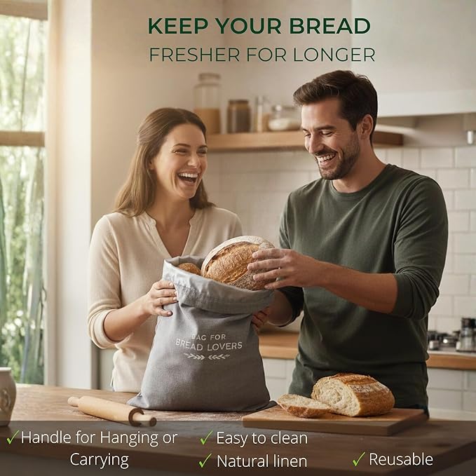 Linen Bread Bags for Homemade Bread – 2 Pack XXL Reusable Sourdough Bread Storage Bags, Keep Bread Fresh Longer, Grey Linen Bag with Drawstring and Handle, TPU Lining, Gifts for Bakers, Made in USA