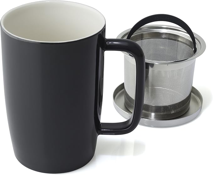 FORLIFE Dew Glossy Finish Brew-In-Mug with Basket Infuser & "Mirror" Stainless Lid 18 oz., Black Graphite