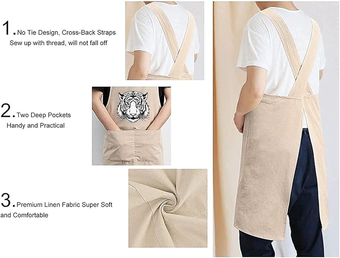 Cotton Linen Apron Non-tie Cross Back Kitchen Apron with Pockets Soft Comfortable Durable for Cooking Baking Gardening (Khaki)