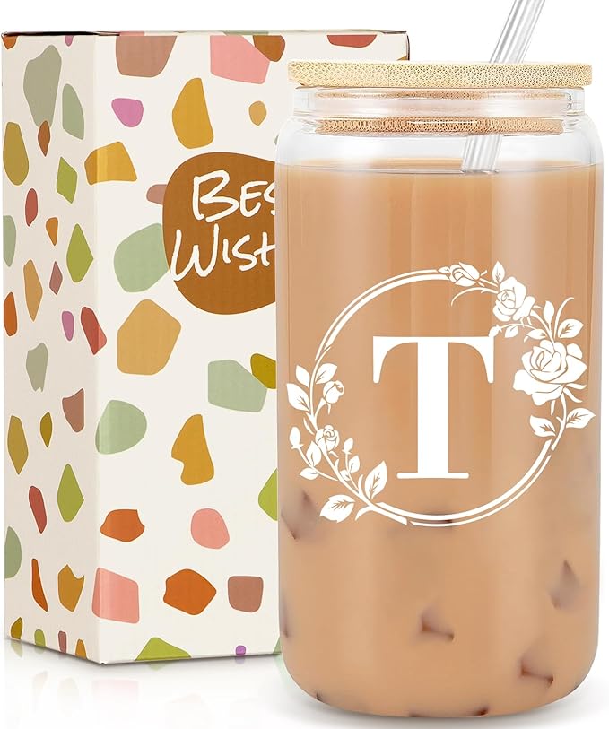 Birthday Gifts for Women, Monogrammed Initial Glass Cup Personalized Gifts for Women, 16oz Glass Cups with Lids and Straws, Iced Coffee Cup, Beer Can Shaped Glass - Gifts for Christmas, Birthday, T