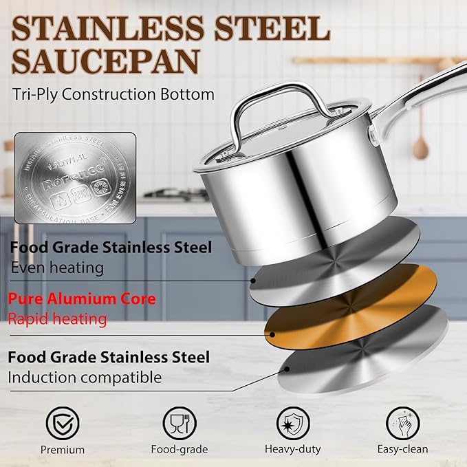 Rorence 1.5 QT Stainless Steel Saucepan, Sauce Pan with Clear Transparent Tempered Glass Lid for Sauce Gravy Pasta Vegetable, Induction Small Cooking Pot for All Stoves, Oven & Dishwasher Safe