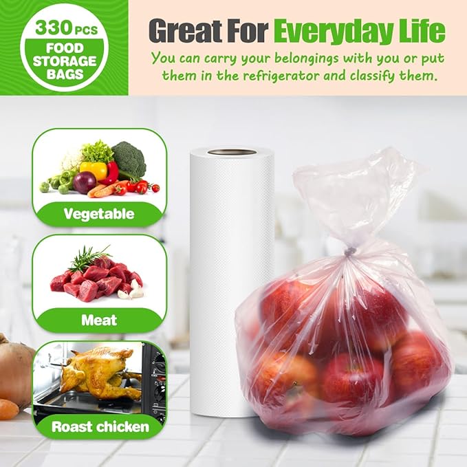 Teivio 330 Count 10" x 14" Plastic Produce Bags on A Roll, Clear Kitchen Disposable Plastic Storage Bags for Bread Fruit Vegetable