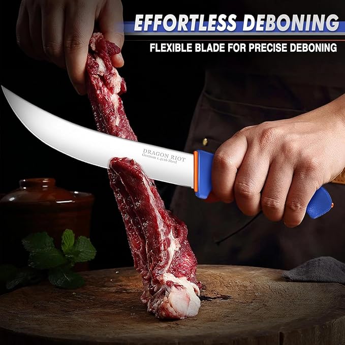 DRAGON RIOT 6 Pcs Butcher Knives Set, Meat Processing Knife Set for Brisket Trimming with German Stainless Steel and Blue Non-slip Handle Gift for Men