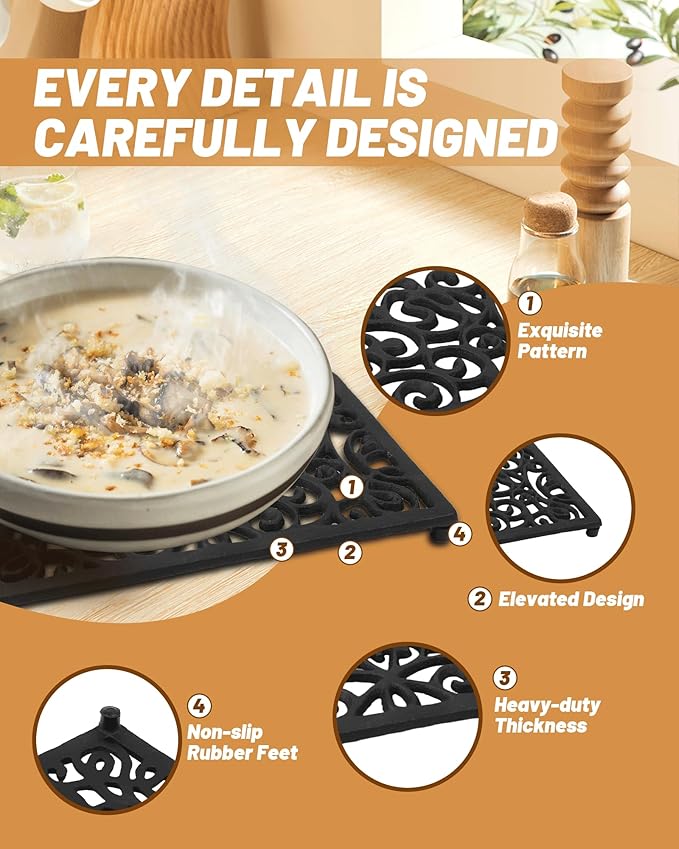 Black Rectangle Cast Iron Trivet 2-Pack for Kitchen & Dining - Heavy-Duty Hot Dish Pads, Decorative Heat Resistant Pot Holders with Raised Feet