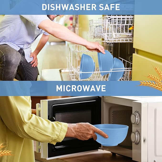Geosar 18 Pcs Unbreakable Cereal Bowls 24 Oz Microwave and Dishwasher Safe Wheat Straw Fiber Lightweight Bowl for Soup Kitchen Serving Salad Dishes Oatmeal(Blue)