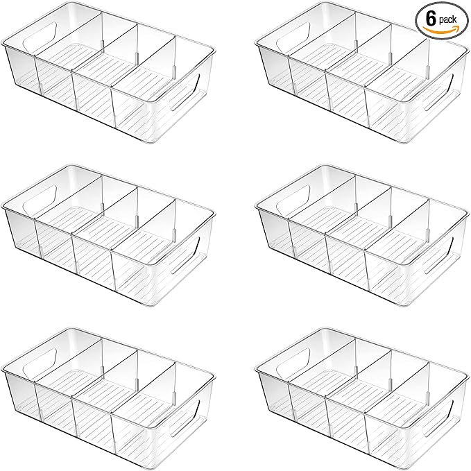 Stackable 4 Pack Pantry Storage Organizer Bins, Clear Plastic with 3 Removable Dividers, for Fridge, Snack, Organizer – BPA Free Perfect in Kitchen, Refrigerator