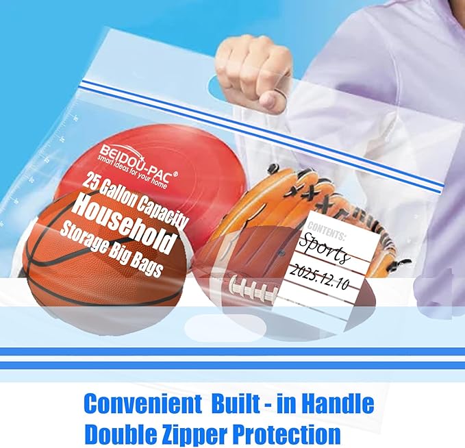 25 Gallon Jumbo Storage Bags with Handle, 15 Count | Double Zipper Seal | Expandable Bottom, Resealable Clear zip Bags for Home, Travel, Moving, Commercial and Outdoor