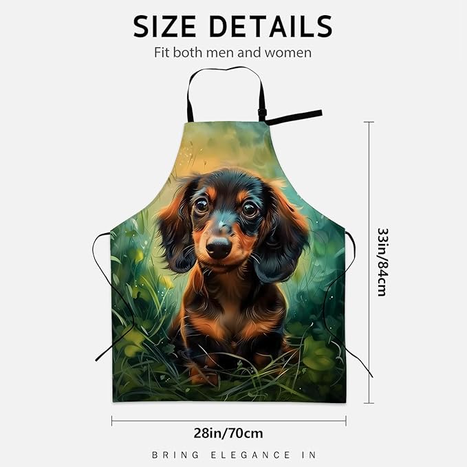 Lovely Dachshund Apron for Women Men, Cooking BBQ Chef Polyester Lightweight Adorable Puppy Aprons with Pockets for Baking Kitchen Gardening Cleaning, Adjustable Neck Strap, 28×33inch