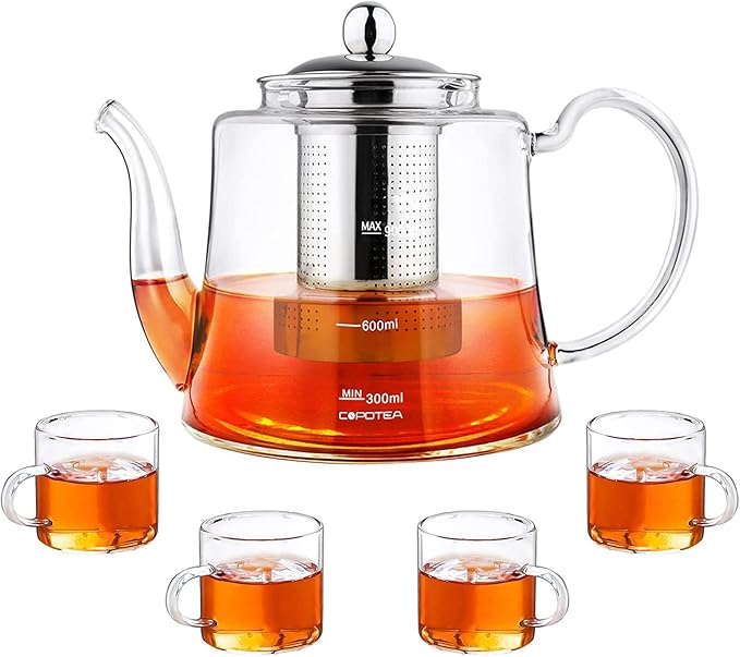 Glass Tea kettle Stovetop Safe, 40oz/1200ml Glass Teapot Gift Set with 4 Teacups, Tea Pot with Removable Infuser for Loose Leaf and Blooming Tea