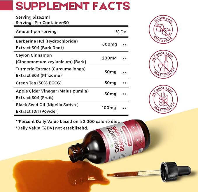 Berberine Drops with Ceylon Cinnamon Bitter Supplement,Berberine HCL Liquid Drops with Turmeric,Green Tea,Apple Cider Vinegar,Black Seed Oil for Overall Support & Digestive System 2 FL OZ