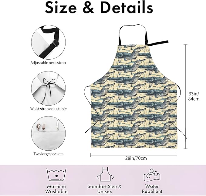 Vintage Alligator Apron,Adjustable Waterproof Oxford Fabric Kitchen Apron with 2 Pockets for Men and Women, Cooking, Baking, BBQ, Coffee Shop, Housewarming Gifts, 28x33 Inches