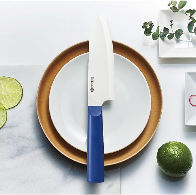 Kyocera INNOVATIONwhite 5.5" Ceramic Santoku Knife - White Z212 Blade with Non-Slip Blue Handle