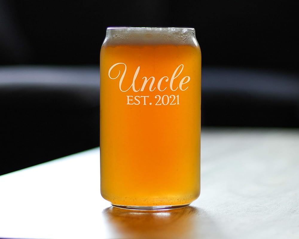 Uncle Est 2021 - Beer Can Pint Glass Gift for First Time Uncles - Decorative 16 Oz Glasses