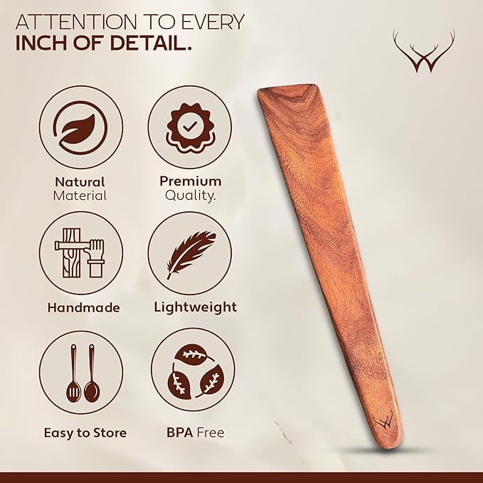 12 Inch Wooden Spatula for Cooking Set of 2 Pcs, Natural Teak Spatula - Non-Stick, Long Handle