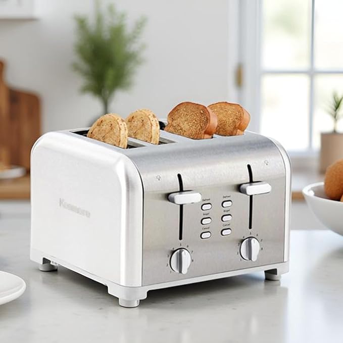 Kenmore toaster 4 slice - extra wide slot countertop kitchen appliance, defrost function, tostador de pan, 9 shade settings, compact design, easy clean crumb tray, bread bagel, stainless steel & White