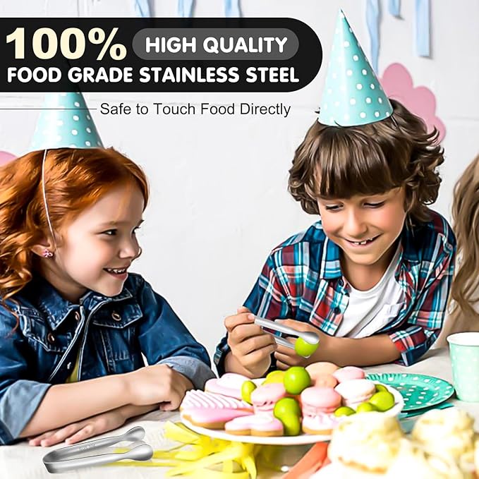 Walfos Mini Tongs for Serving Food, Small Stainless Steel Kitchen Tongs for Appetizers, Sugar, Desserts, Tea Party, Coffee Bar, Set of 12 (Silver)