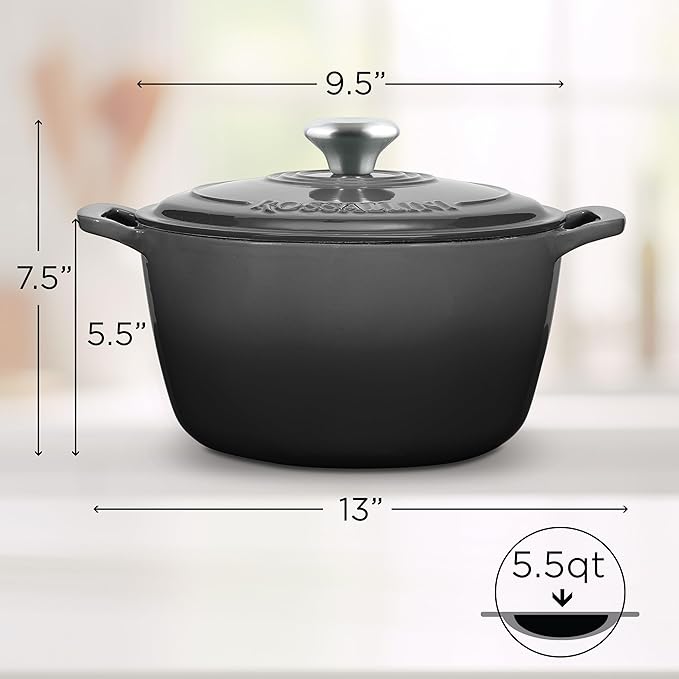 Signature Enameled Cast Iron Dutch Oven, Non-Stick Serving Pot with Tight Fitting Lid for Perfect Roasting, Baking, Sauteing, and Bread Making | 5.5Q (5.2L) - Oyster Grey