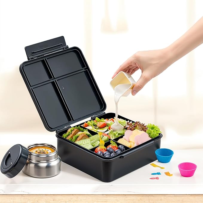 JSLOVE Bento Lunch Box with Leak Proof Thermos Food Jar for Kids, Food Lunch Containers for Boys with 4 Compartments, BPA-Free with Utensils, Food Picks, Sauce Jar & Silicone Lunch Box Dividers
