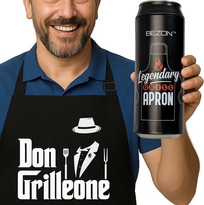 BEZON Funny Grill Apron for Men – Beer Can Gift Packaging – Hilarious BBQ Gift for Dad, Husband, or Friend – Heavy-Duty Water-Resistant Canvas – Don Grilleone