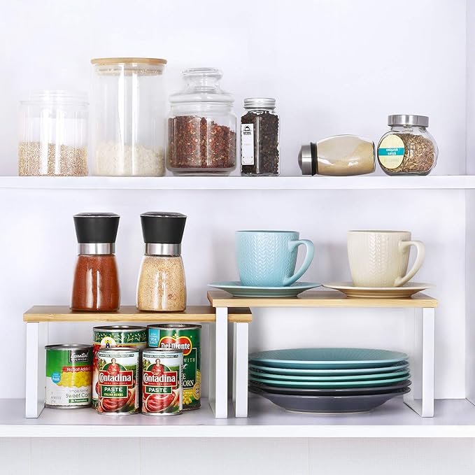 NEX Bamboo Kitchen Cabinet and Counter Shelf Organizer, Stackable & Expandable, Set of 4, White and Natural