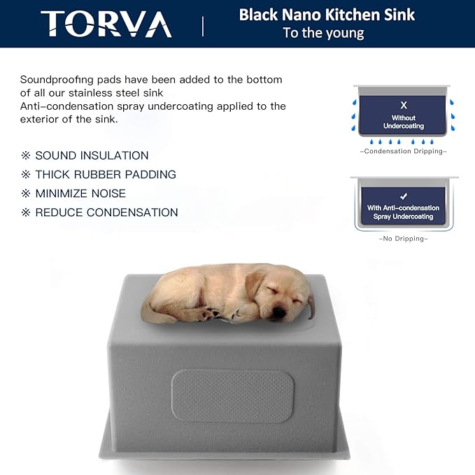 TORVA 14 x 14 Inch Gloss Black Undermount Kitchen Sink, PVD Coated Gunmetal Bar Sink，16 Gauge T-304 Stainless Steel Single Bowl Wet Bar or Prep Sinks with Zero-Radius Corners, Dark Grey