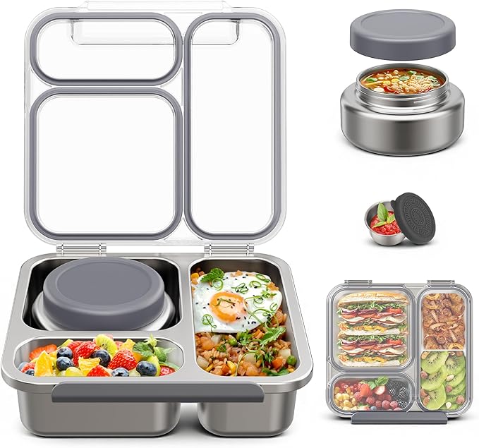 Stainless Steel Bento Box Kids Adult with 7oz Soup Thermo, Transparent Lid 3 Compartments Metal Bento Lunch Box with Insulated Food Jar,Lunch Box Container Sauce Cup for School,BPA-Free(Grey)