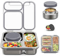 Stainless Steel Bento Box Kids Adult with 7oz Soup Thermo, Transparent Lid 3 Compartments Metal Bento Lunch Box with Insulated Food Jar,Lunch Box Container Sauce Cup for School,BPA-Free(Grey)