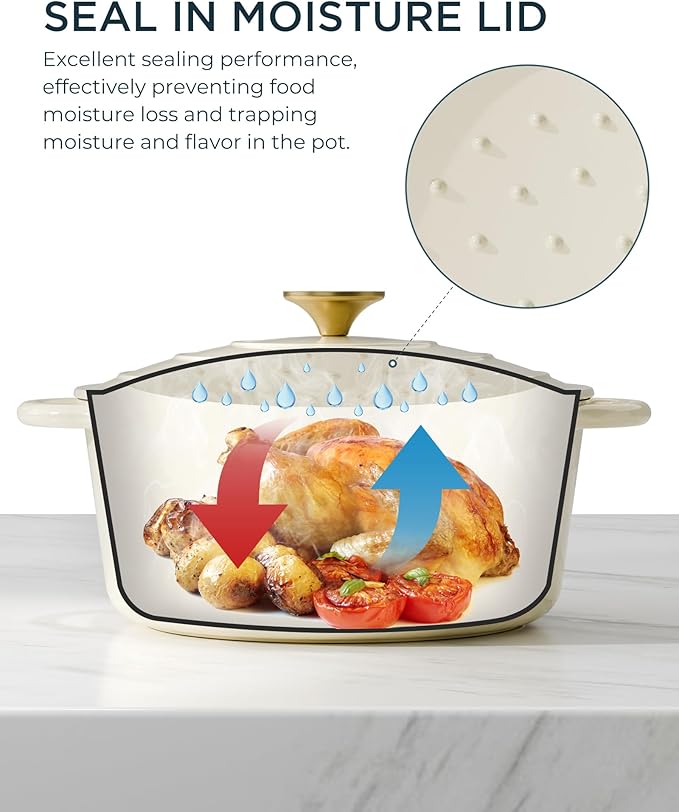 Enameled Cast Iron Dutch Oven - 7.5QT Pot with Lid & Cotton Potholders - Heavy-Duty Cookware for Braising, Stews, Roasting, Bread Baking, Oven Safe up to 500° F & Across All Cooktops, Cream White