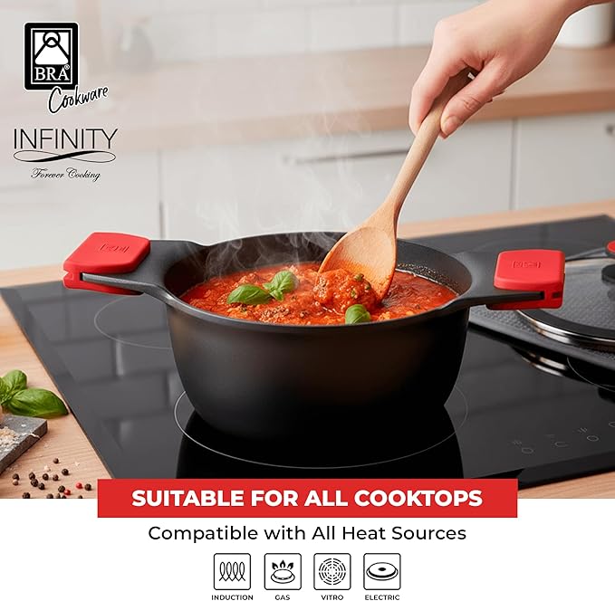 BRA COOKWARE Infinity Nonstick Stock Pot w/Glass Lid | 9.5 Inch 3.8 Quart Cast Aluminum Cooking Pot | PFOA/PFAS Free Deep Pot | All Cooktops (incl Induction) | Removable Silicone Handle