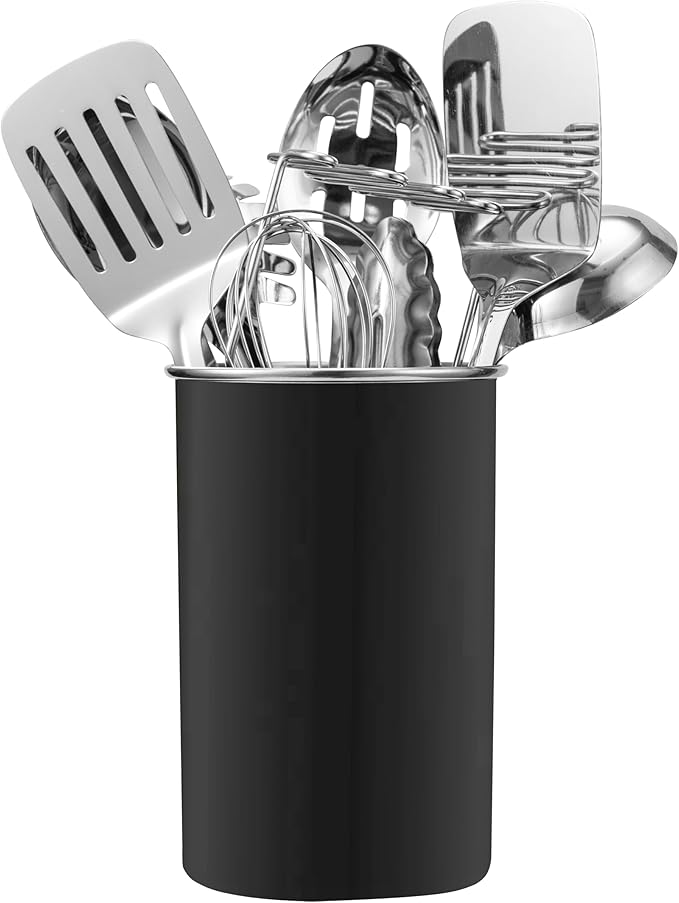 COOK WITH COLOR Kitchen Utensil Set - 10-piece premium Nonstick & Heat Resistant Kitchen Gadgets, Turner, Spaghetti Server, Serving Spoons, Whisk, Tongs, Masher & Utensil Holder, Black