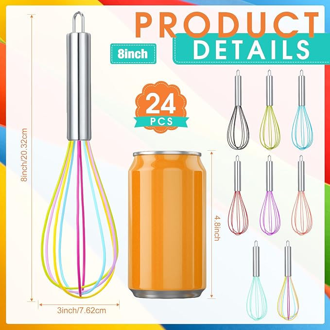 Domensi 24 Pcs 8 Inch Christmas Whisks Bulk for Cooking Silicone Whisks Non Scratch Stainless Steel Whisk Coated Metal Heat Resistant Egg Beaters for Holiday Party Favor Gift Supplies