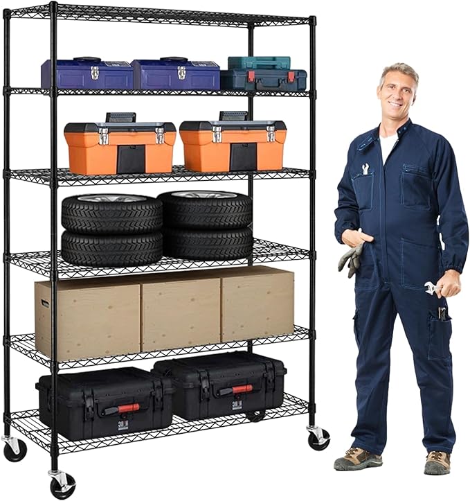 6-Shelf Storage Shelves Wire Shelving Unit with Wheels, 6000lbs Heavy Duty Metal Garage Shelving Storage Rack Adjustable NSF Shelf for Commercial Rolling Utility，(48"x18"x76", Black)