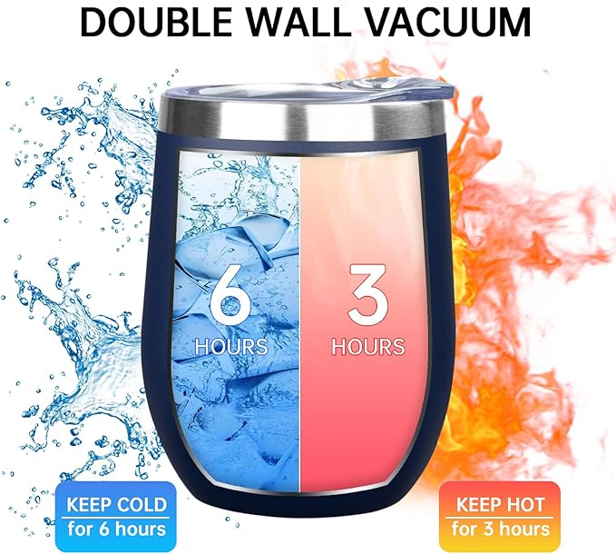 MEZMUT 12 Oz Insulated Wine Tumbler with Lid Double Wall Vacuum Stainless Steel Wine Glass Coffee Mug Insulated Tumbler Cup for Champaign, Cocktail, Beer (Navy, 1 Pack)