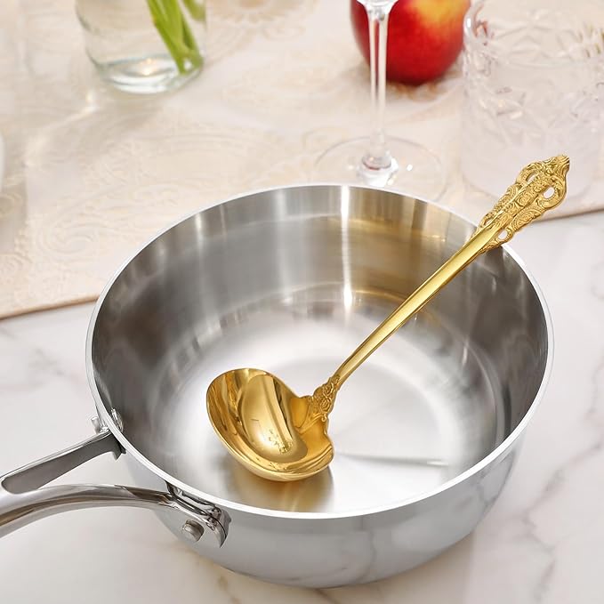 KEAWELL Premium 7.5 inch Luxury Gravy Ladle, 18/10 Stainless Steel, Small Gravy Spoon for Home. Solid and Sturdy, Dishwasher Safe. (2, Gold)