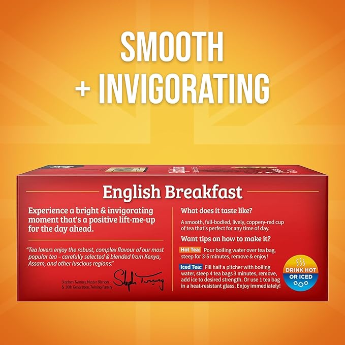 Twinings English Breakfast Black Tea Individually Wrapped Bags, 100 Count (Pack of 1), Smooth, Flavourful, and Robust, Caffeinated, Enjoy Hot or Iced, 100 Teabags