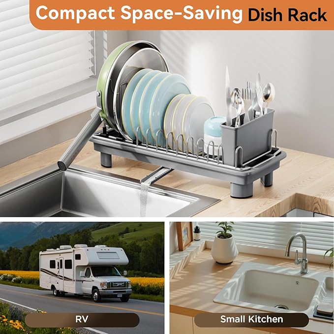 Small Dish Drying Rack, Compact Dish Drainer for Kitchen Counter, with Adjustable Back Slots, Space-Saving for Small Kitchens, Gray