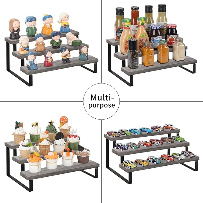 YINMIT Wooden Display Riser Stand, Tiered Perfume and Cologne Organizer Stand, 3 Tier Spice Rack Organizer, Rustic Display Shelf for Candles (3 Tier,Grey)