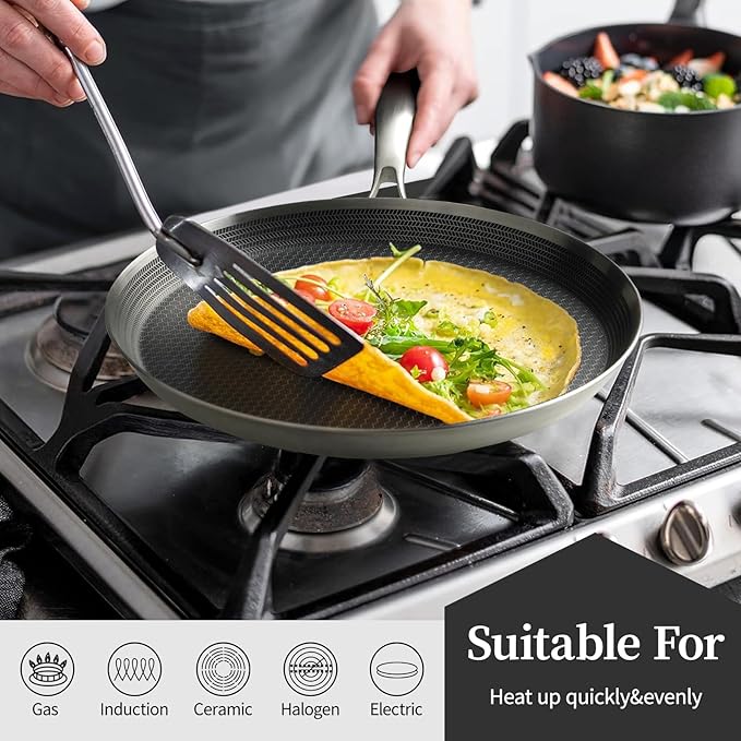 Innerwell Stainless Steel Crepe Pan - 10 Inch Nonstick Crepe Pan, Stainless Steel Honeycomb Coating Pancake Pan, Non Stick Flat Skillet Tawa Dosa Tortilla Griddle Pan, Induction Compatible, PFOA Free